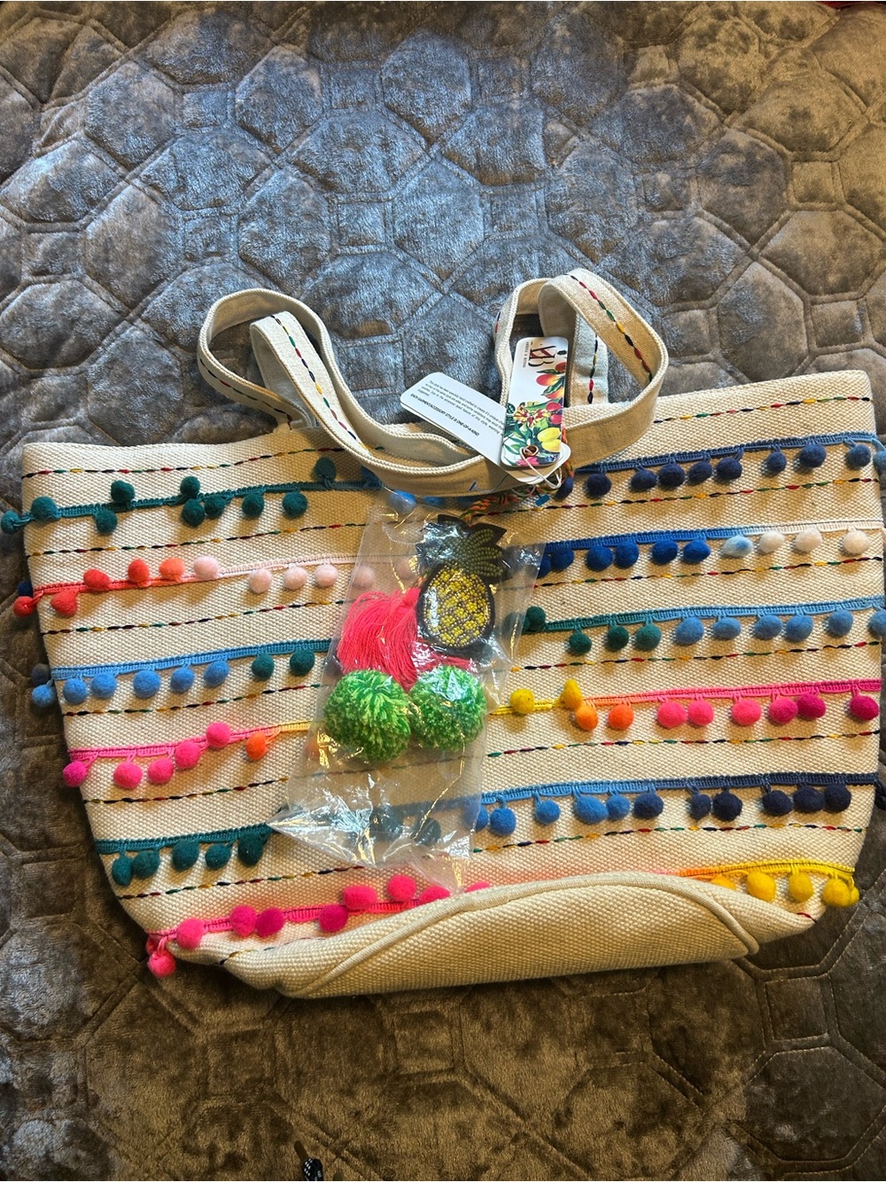 America & Beyond Canvas Pom-Pom Stripe Tote with Colorful Tassels